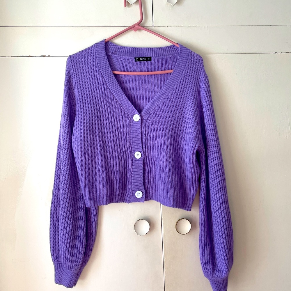 Lavender purple cropped button up cardigan sweater